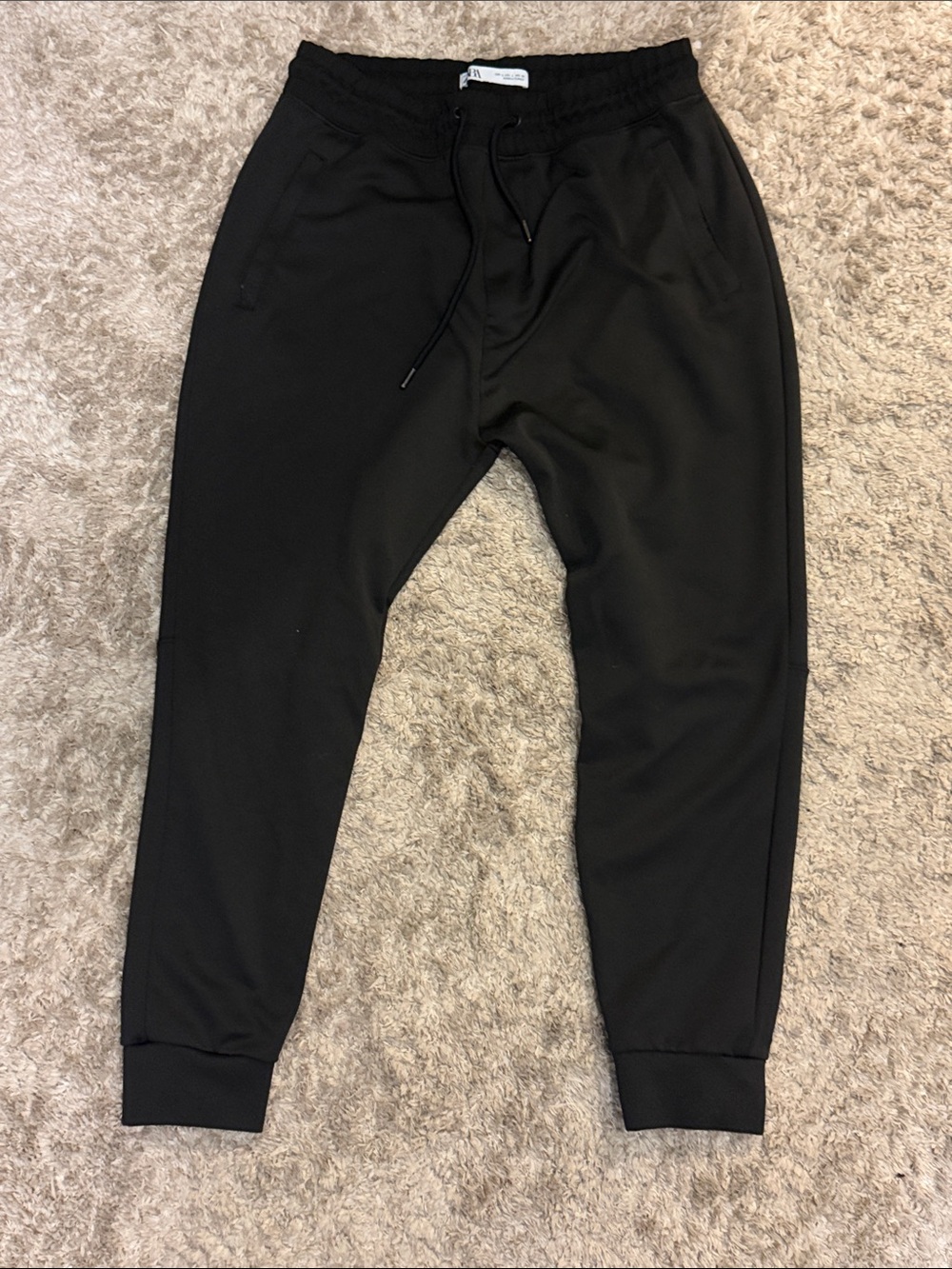 Zara Men's Black Jogger Pants with Drawstring Waist, cuff leg (size L)
